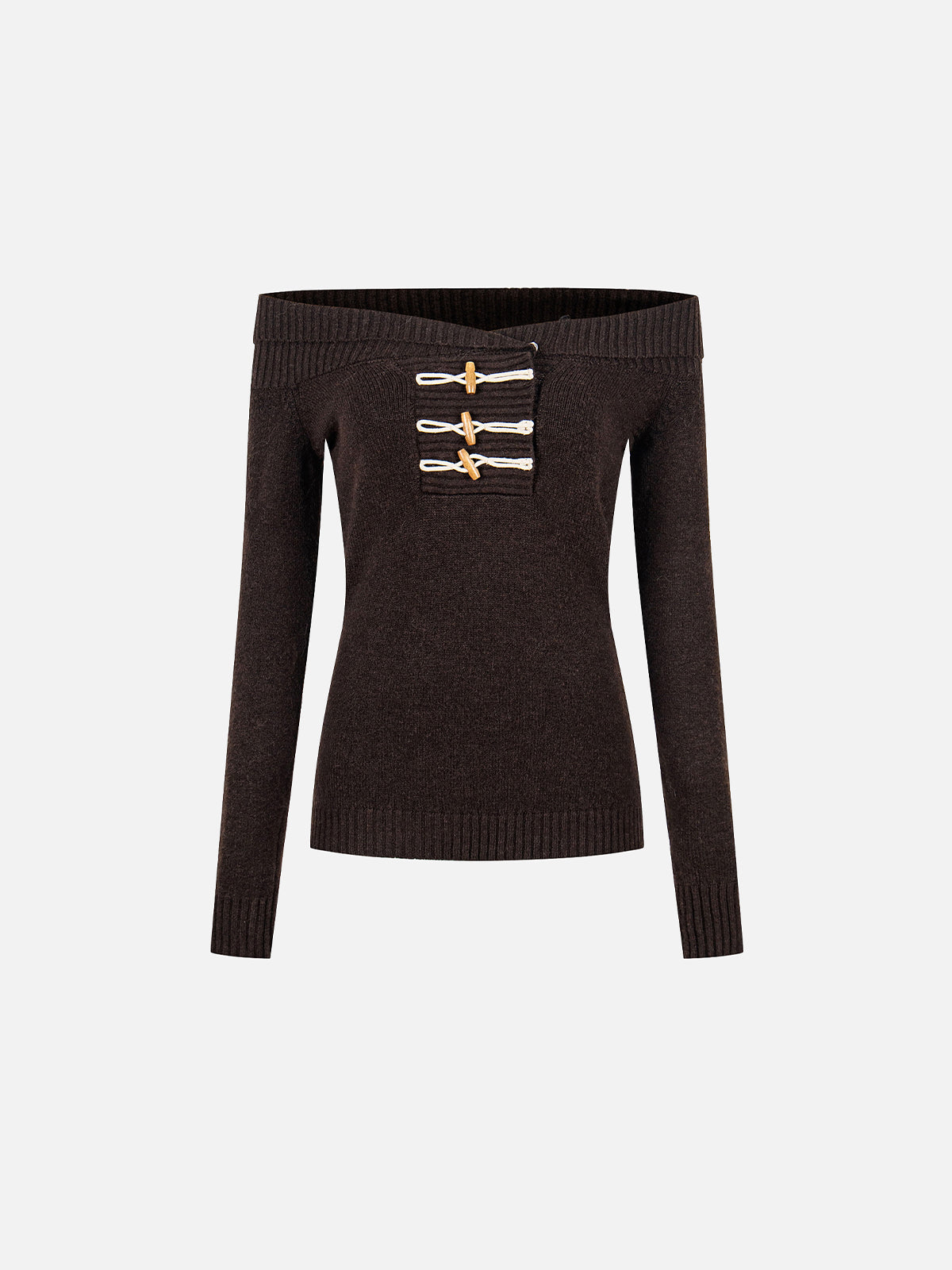 Faux-Fur-Trim Toggle Off-Shoulder Slim Knit Sweater