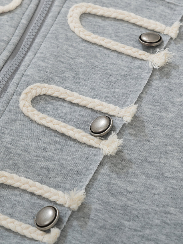 Military Braid-Trim Boxy Zip-Up Hoodie