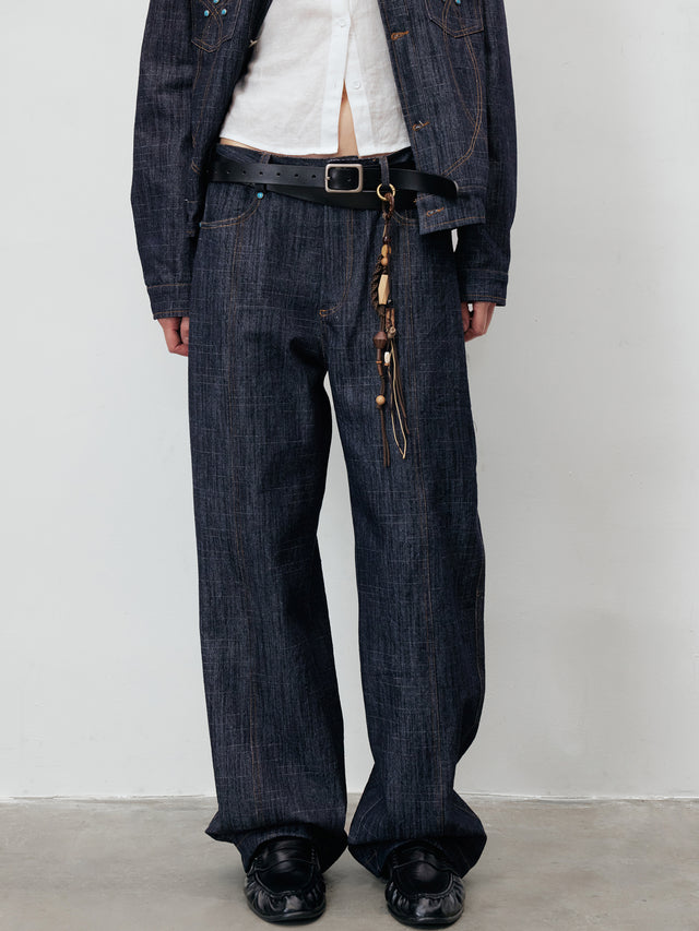 Contrast-Stitched Centre-Seam Straight-Leg Jeans