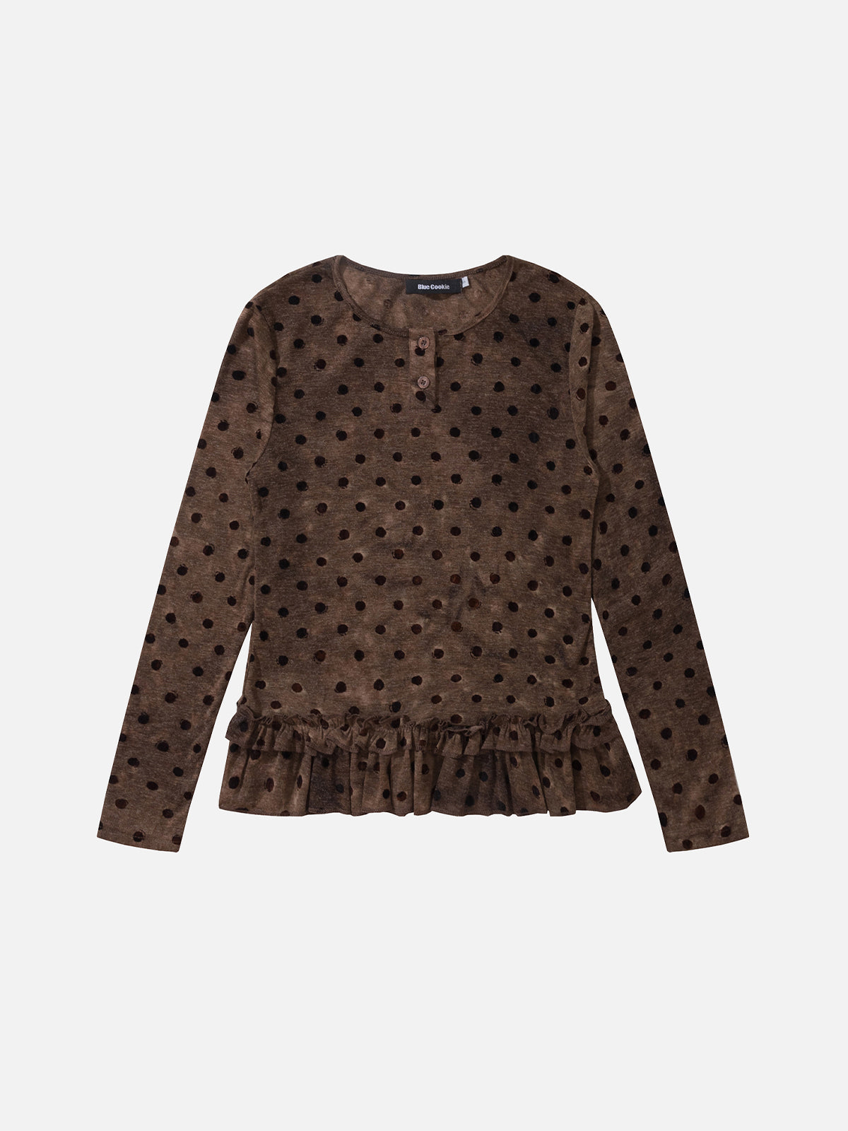 Polka Dot Ruffled-Hem Slim Long-Sleeve T-Shirt