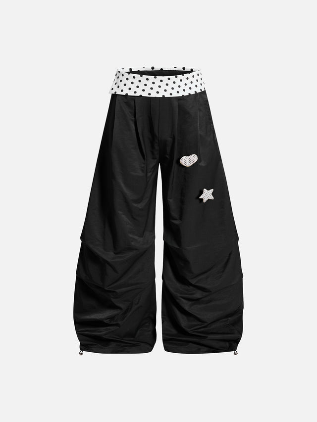Polka-Dot Double-Waistband Patch Detail Baggy Parachute Pants