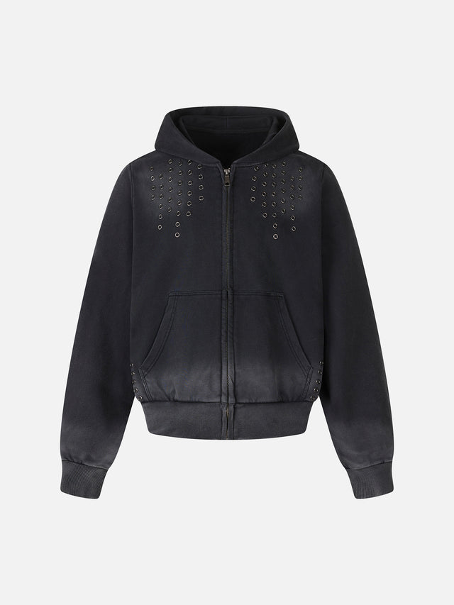 Eyelet Cross Studded Washed Boxy Zip Hoodie