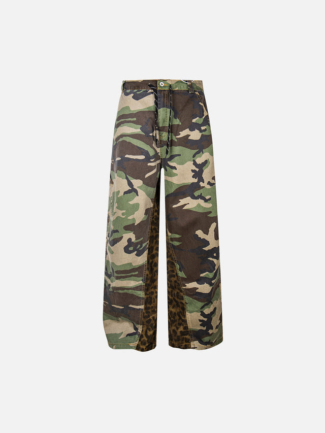 Camo & Leopard Panelled Baggy Barrel Carpenter Pants