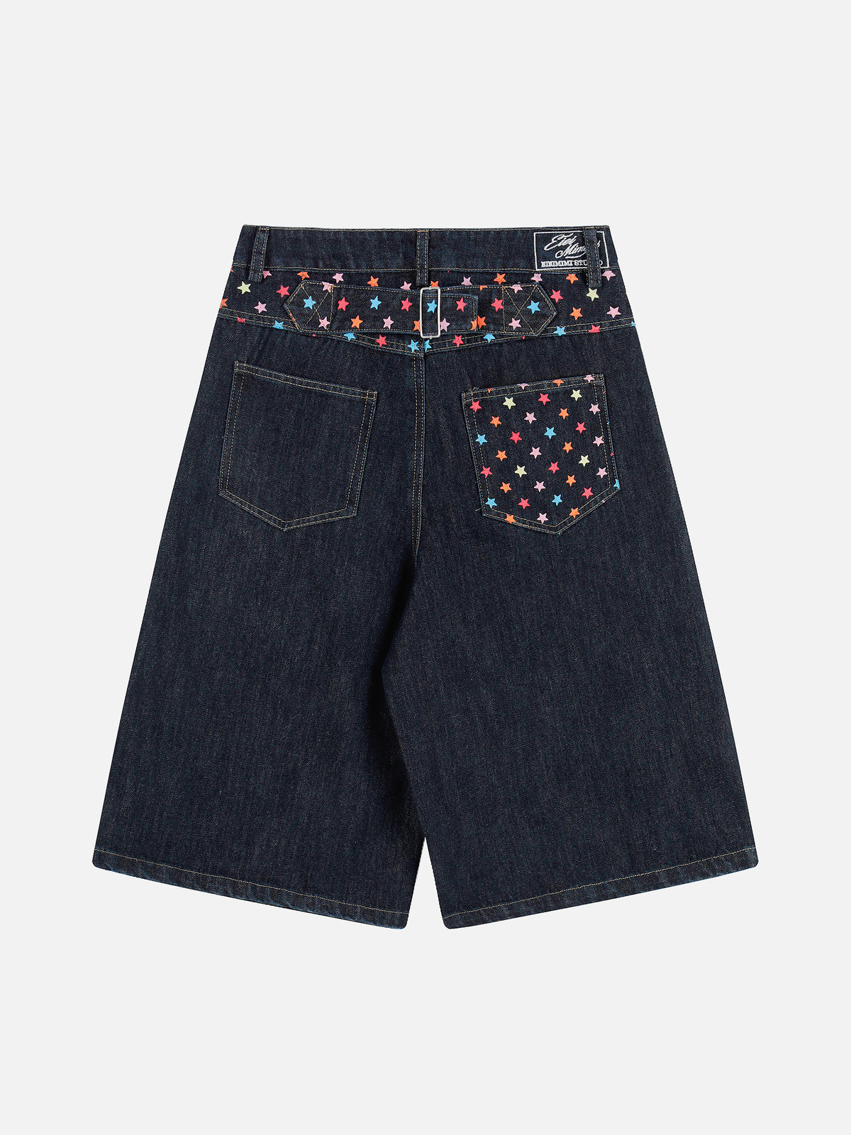 Rainbow Star Embroidered Cinch-Back Baggy Denim Jorts
