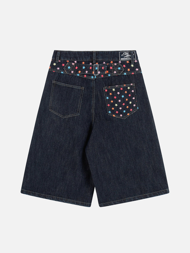Rainbow Star Embroidered Cinch-Back Baggy Denim Jorts
