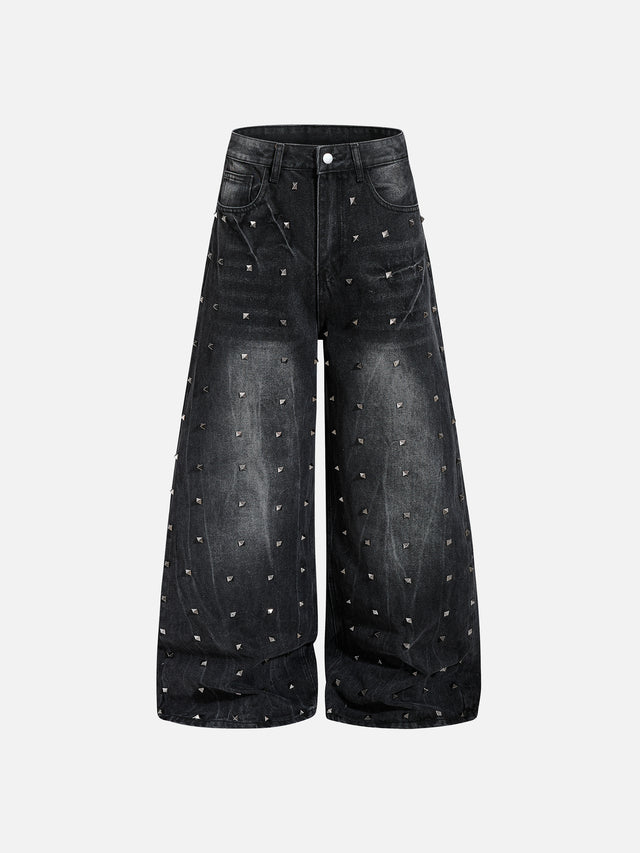 All-Over Studded Washed Baggy Jeans