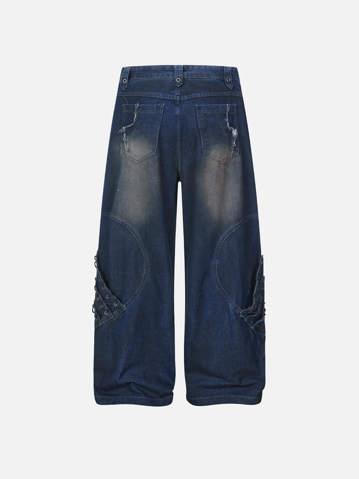 Deconstructed Distressed Lace-Up Cargo Straight Denim Pants