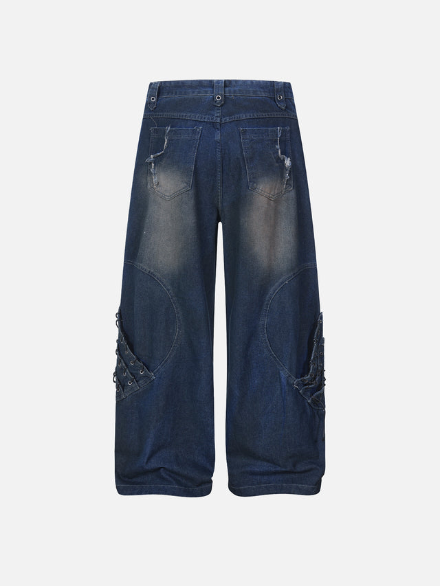 Deconstructed Distressed Lace-Up Cargo Straight Denim Pants