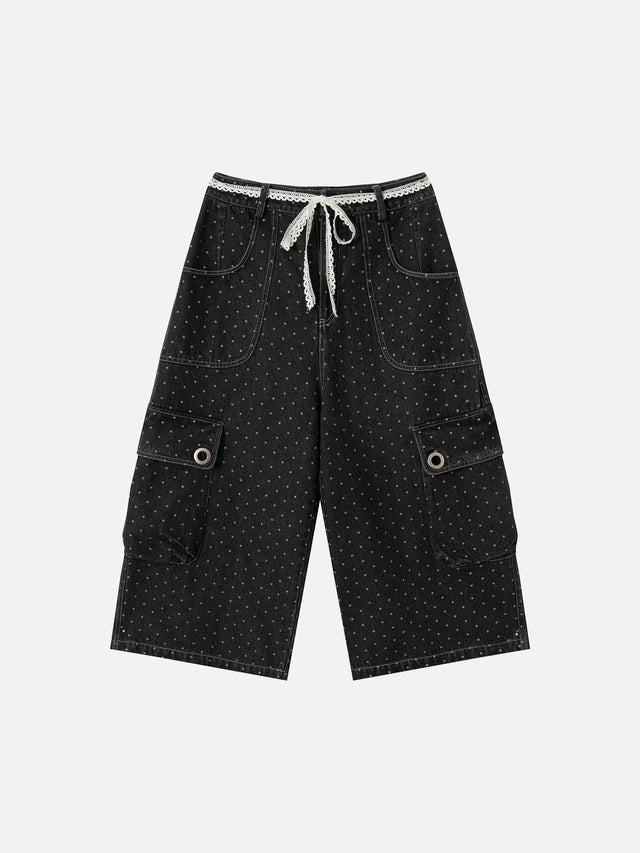 Polka-Dot Eyelet Grommet Lace-Belt Wide-Leg Denim Jorts