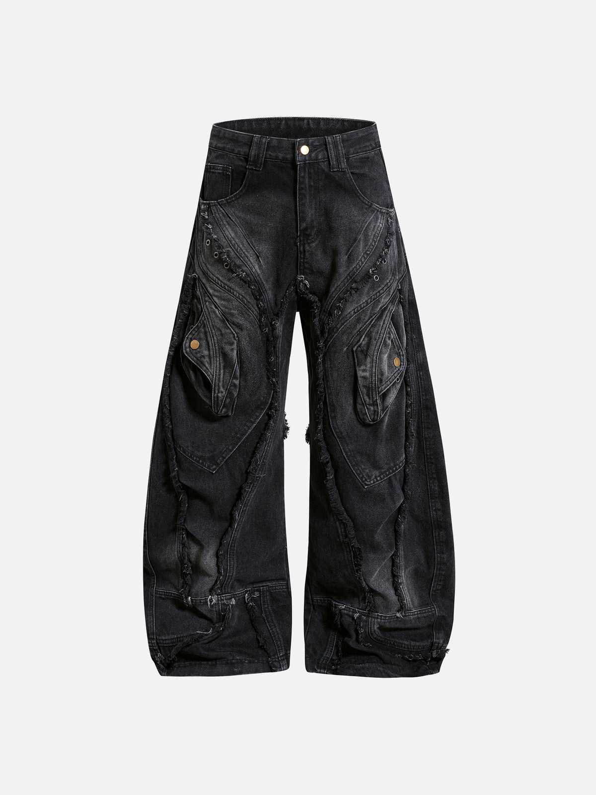 Deconstructed Raw-Edge Curved Flap-Pocket Super Baggy Jeans