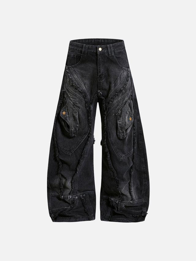 Deconstructed Raw-Edge Curved Flap-Pocket Super Baggy Jeans