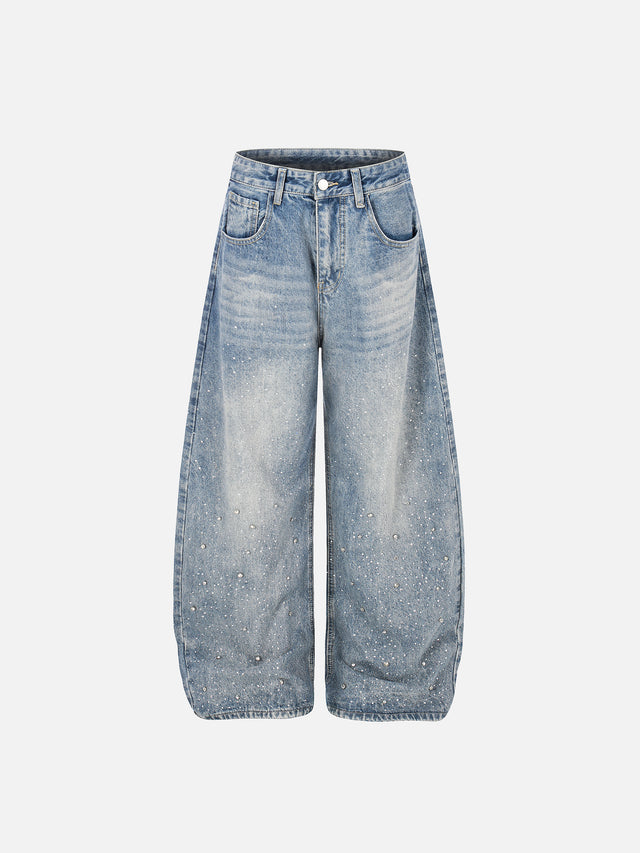 Rhinestone Spattered Faded Baggy Jeans
