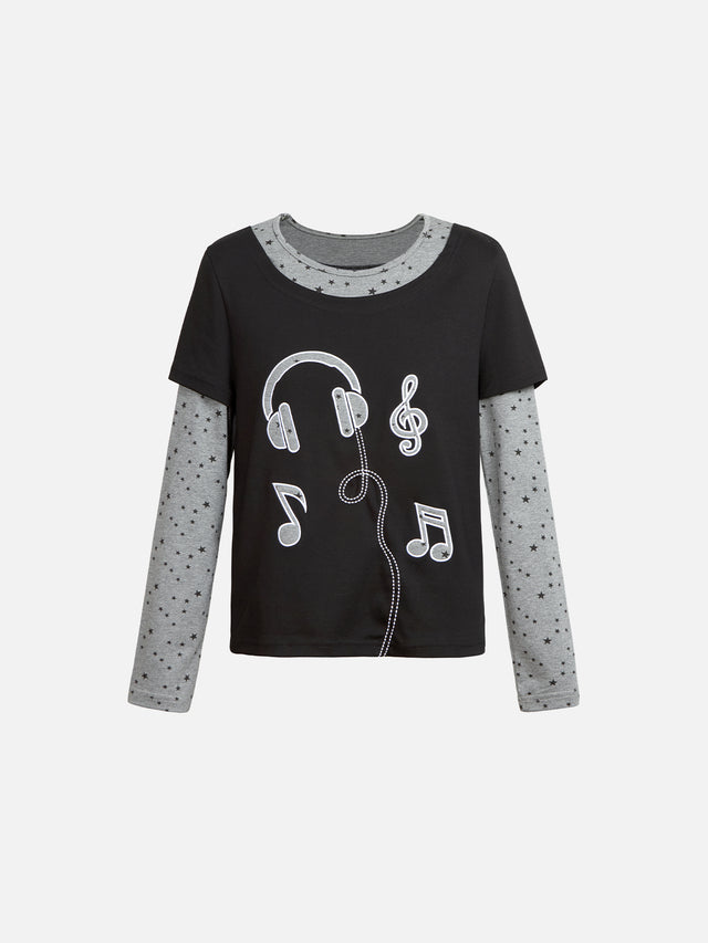 Headphone Music Note Graphic Star-Print Double-Layer Long-Sleeve Slim T-Shirt