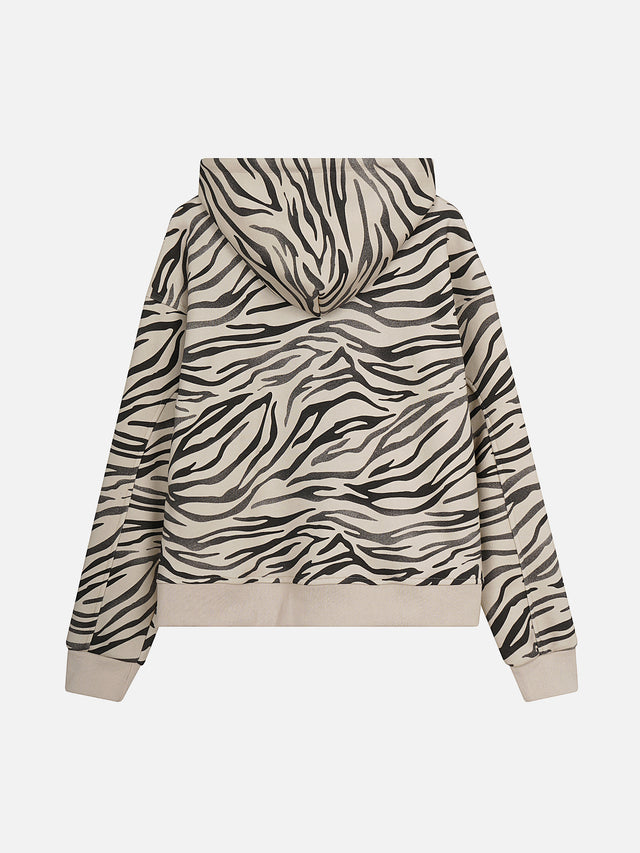 All-Over Tiger Zebra Animal Pattern Boxy Zip Hoodie