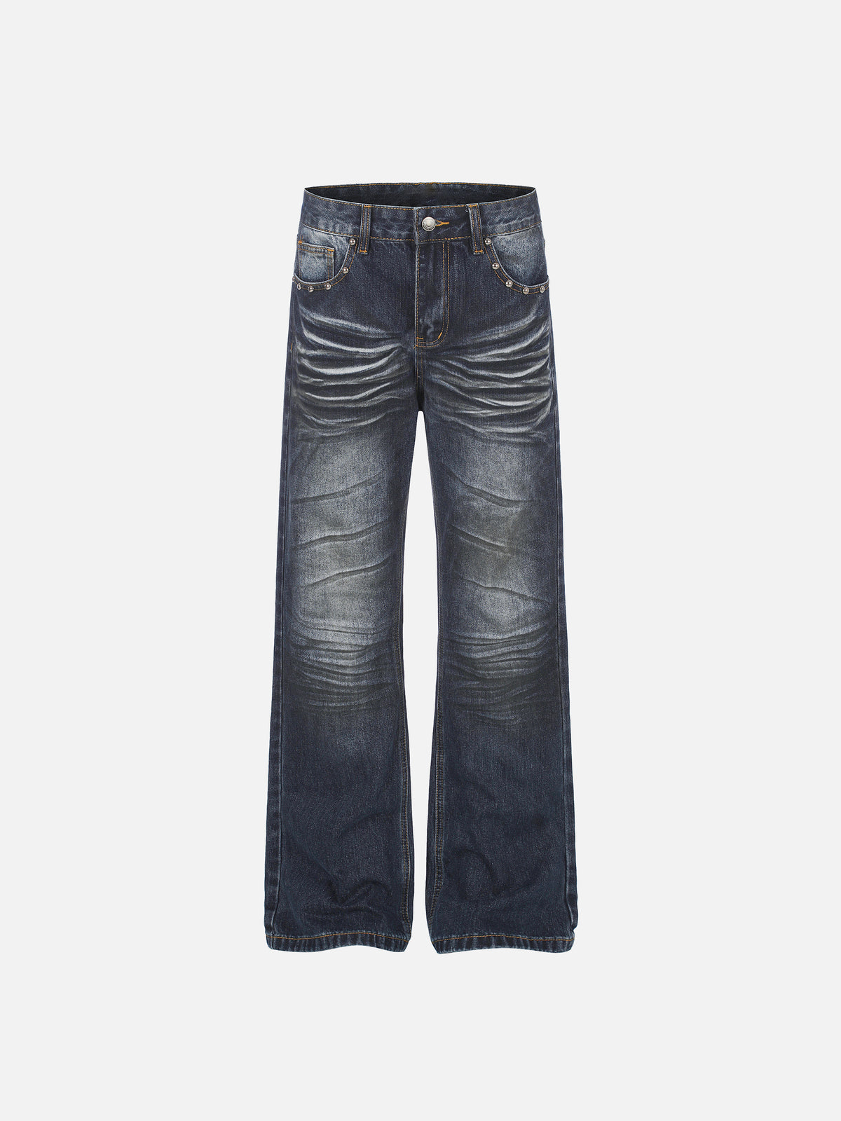 Studded-Pocket Whiskered Union-Jack Straight-Leg Jeans