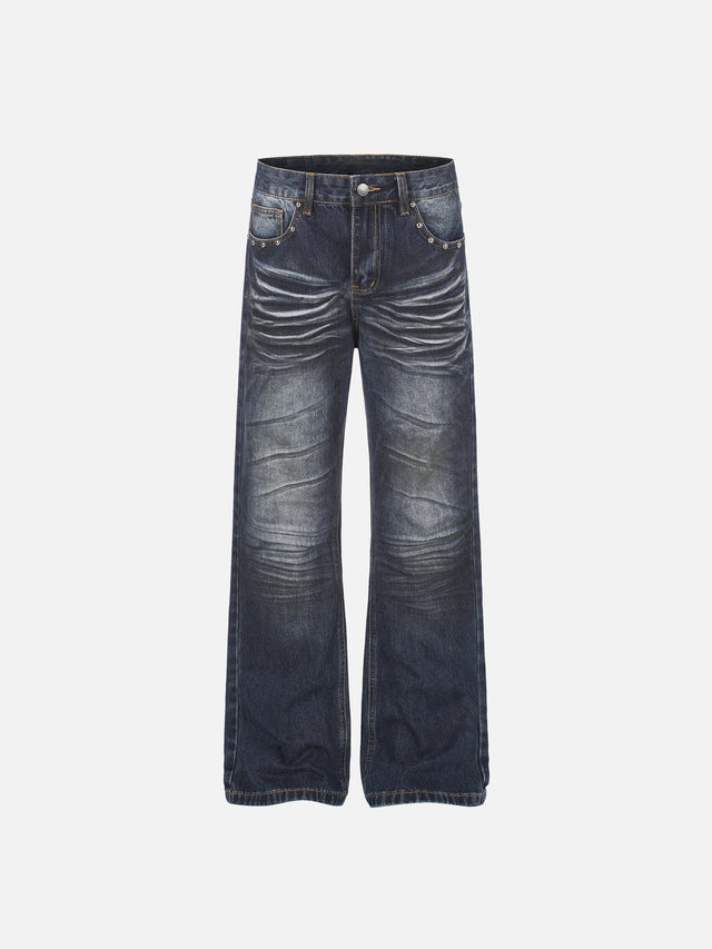 Studded-Pocket Whiskered Union-Jack Straight-Leg Jeans