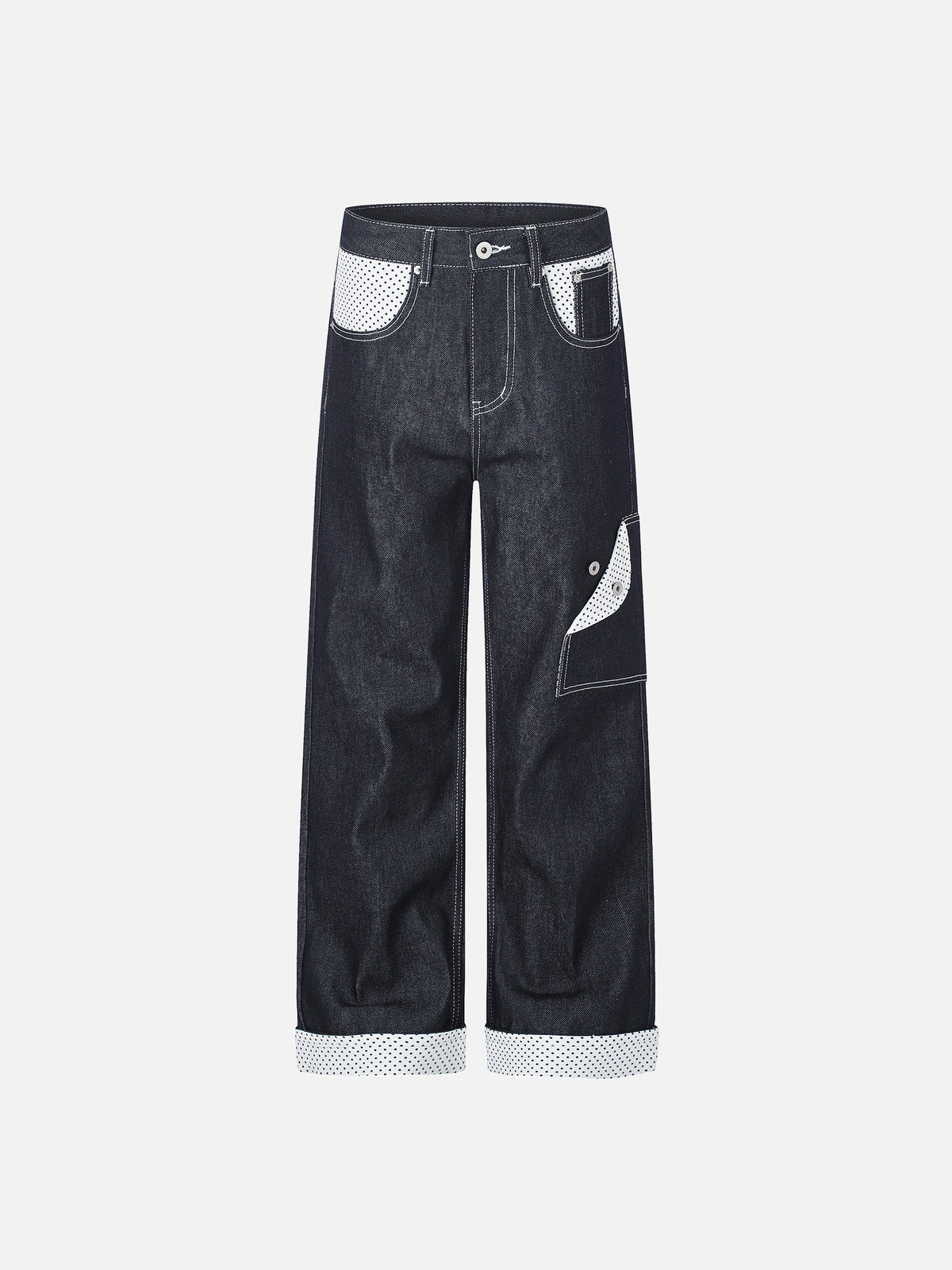 Polka-Dot Panelled Turn-Up Straight-Leg Jeans