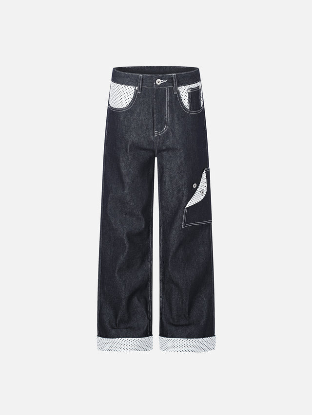 Polka-Dot Panelled Turn-Up Straight-Leg Jeans