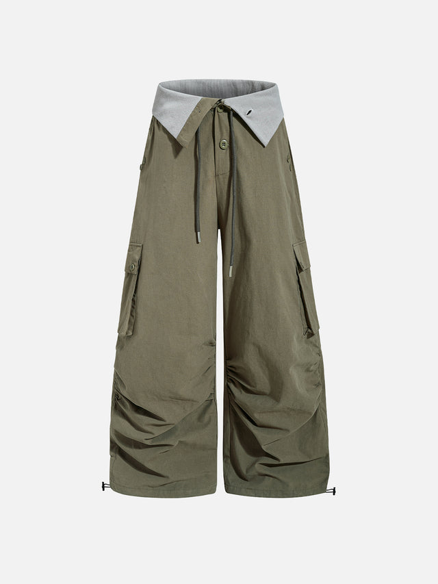 Foldover Waist Shirred Cargo Parachute Pants