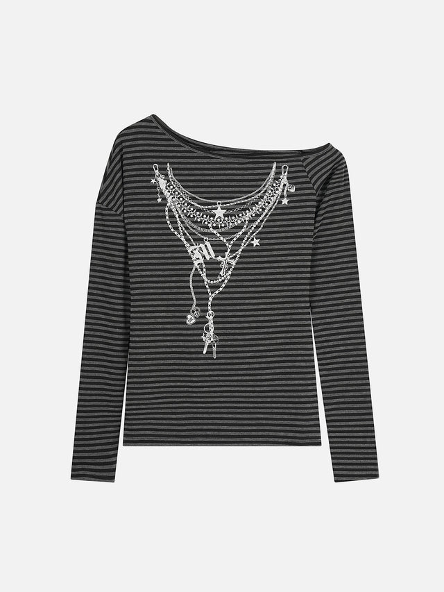 Striped Off-Shoulder Chain-Graphic Loose Long-Sleeve Top