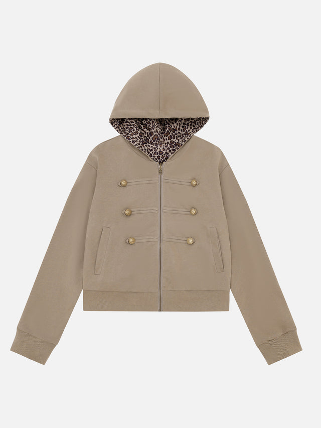 Leopard-Back Military-Button Reversible-Look Boxy Zip Hoodie