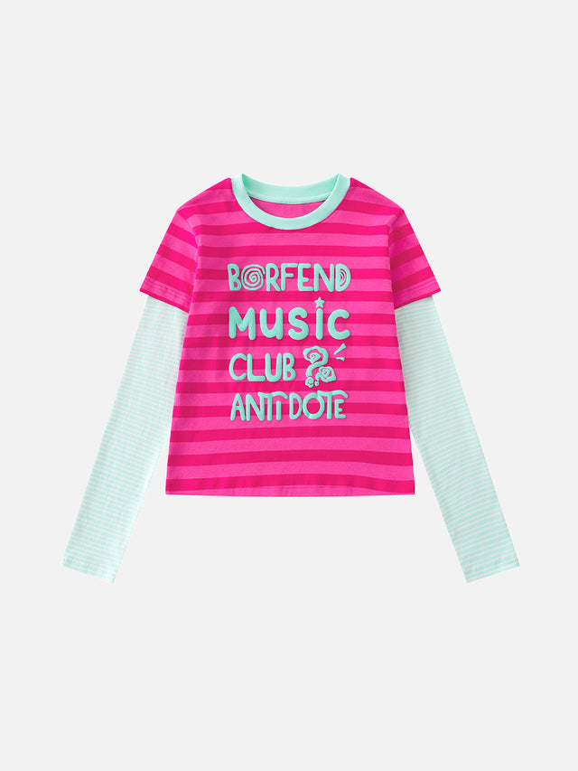 Striped Double-Layer Music Graphic Cropped Long-Sleeve T-Shirt