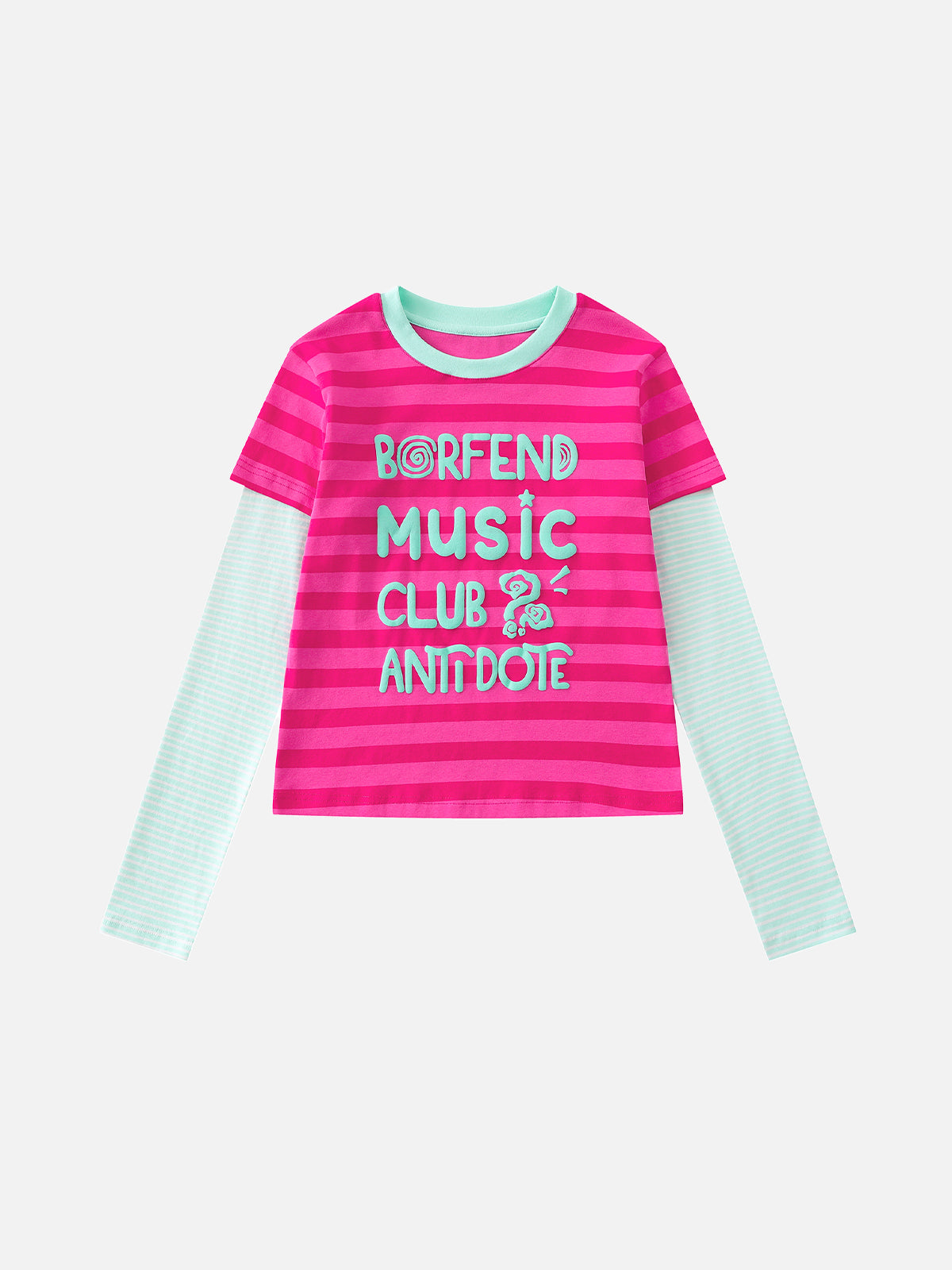 Striped Double-Layer Music Graphic Cropped Long-Sleeve T-Shirt