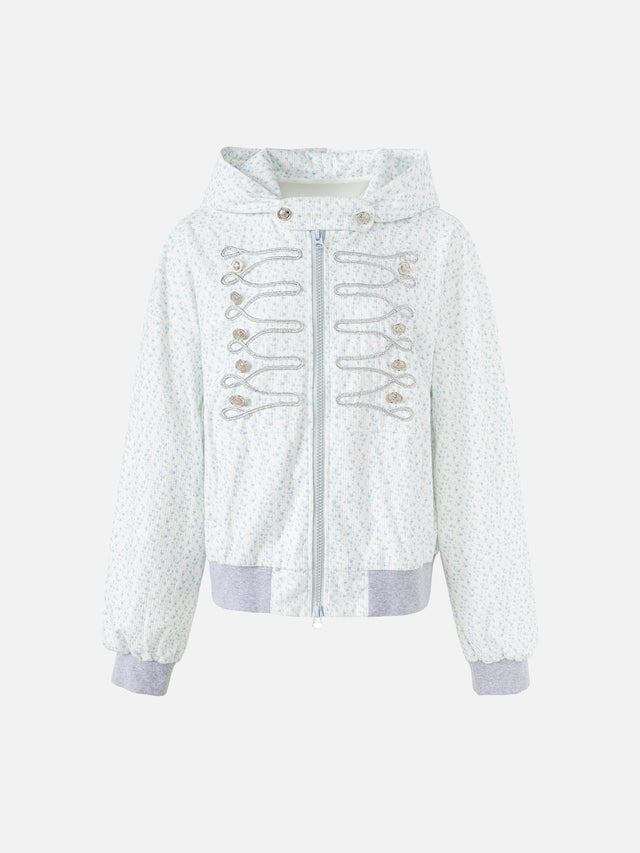 Floral Military-Braided Zip-Up Oversized Hooded Jacket