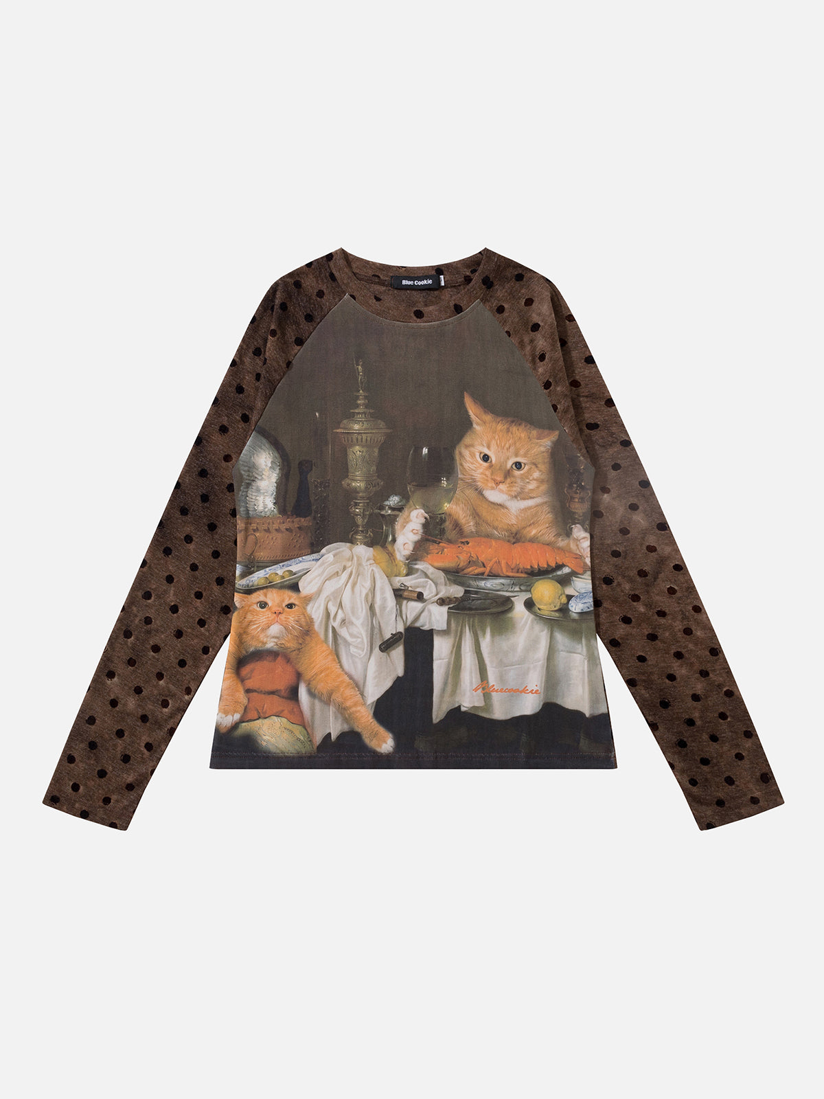Vintage Cat Graphic Polka Dot Raglan Top