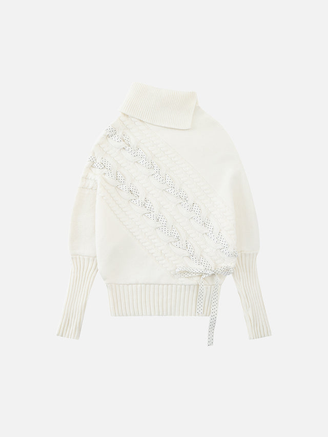 Ribbon-Woven Cable-Knit Asymmetrical Turtleneck Regular-Fit Sweater