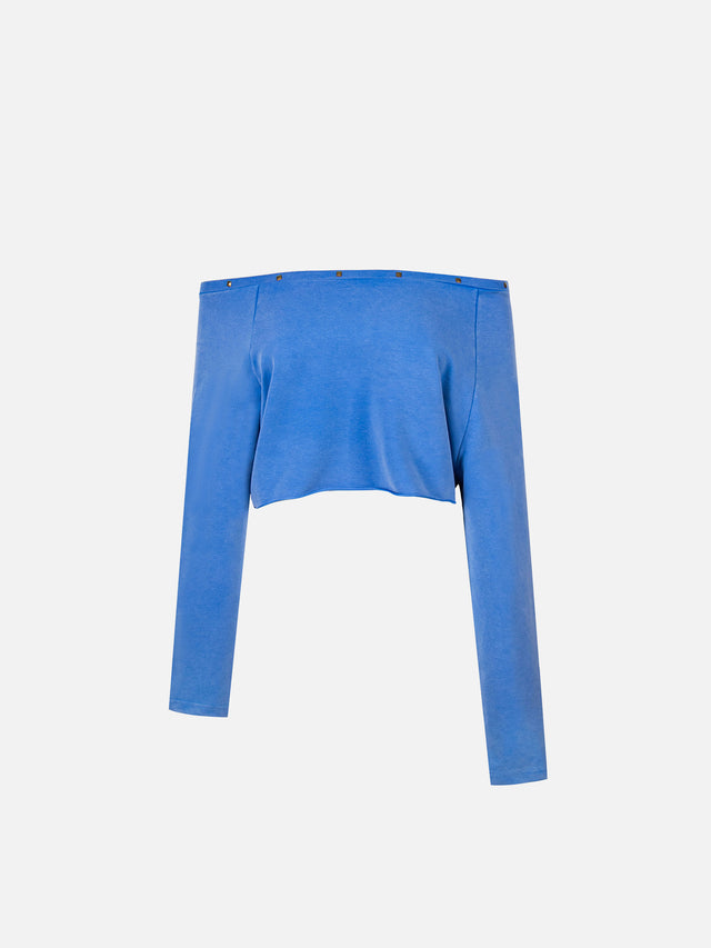Studded Asymmetrical Off-Shoulder Cropped Long-Sleeve Sweatshirt