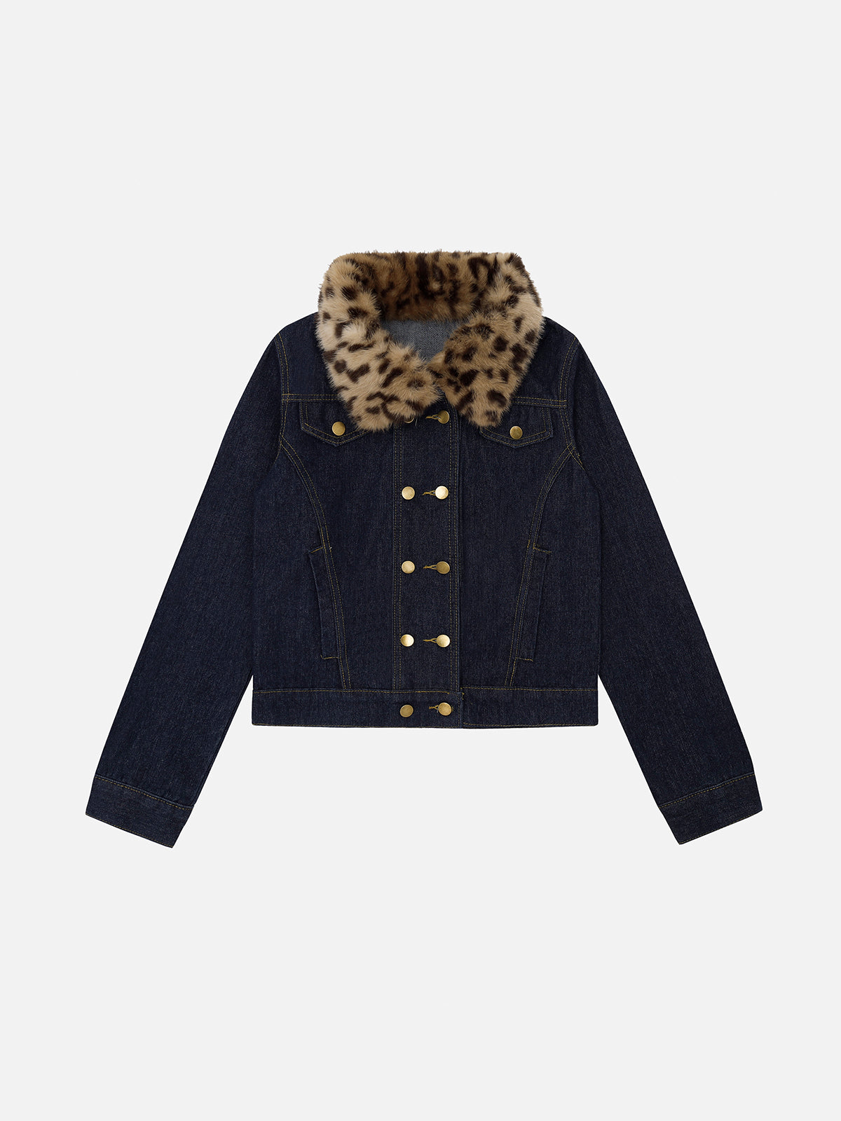 Double-Breasted Faux-Fur Collar Boxy Denim Jacket