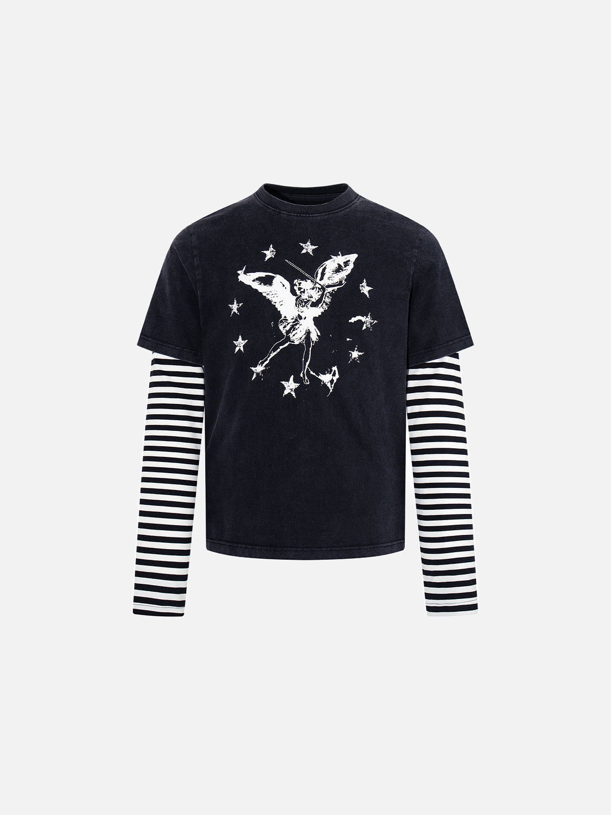Angel Star Graphic Striped Double-Layer Long-Sleeve Boxy T-Shirt