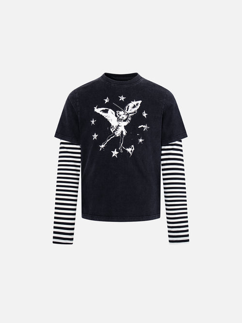 Angel Star Graphic Striped Double-Layer Long-Sleeve Boxy T-Shirt