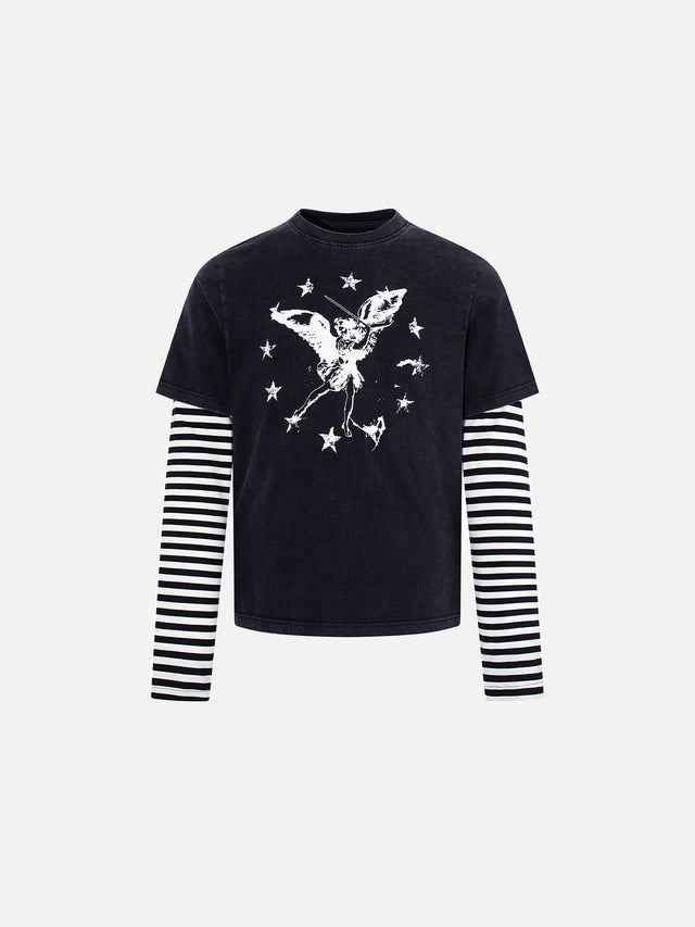 Angel Star Graphic Striped Double-Layer Long-Sleeve Boxy T-Shirt