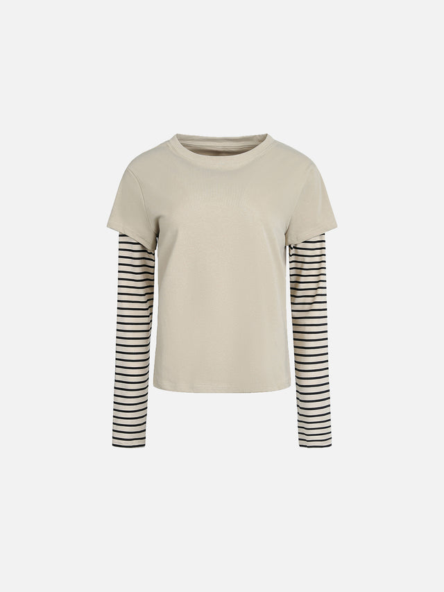 Striped Double-Layer Long-Sleeve Slim T-Shirt