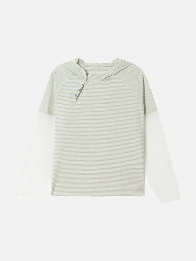 Layered Sheer-Sleeve Striped Asymmetric-Button Oversized Hooded Top