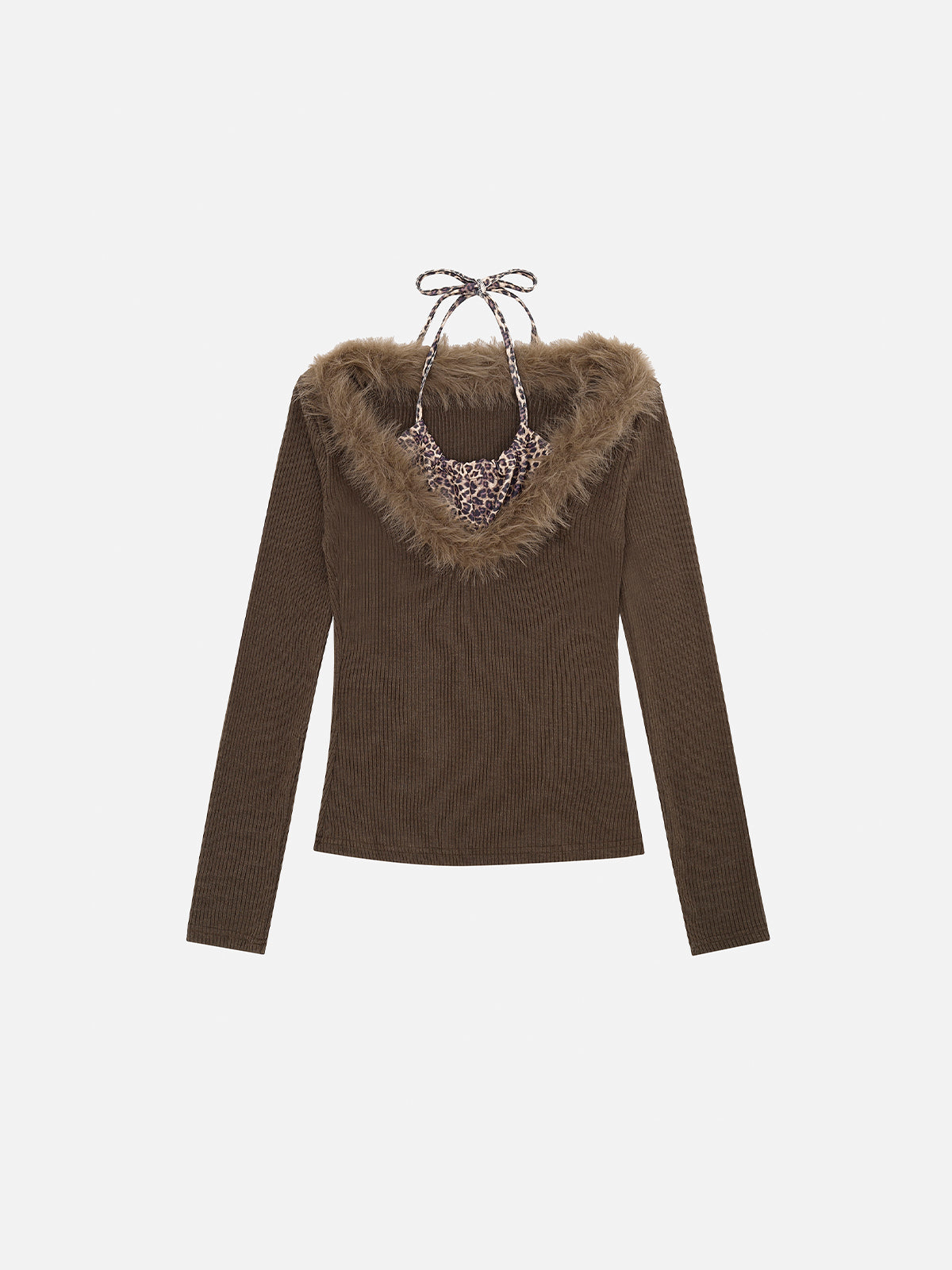 Faux-Fur Trim Ribbed Knit Leopard Halter-Layered Slim Top