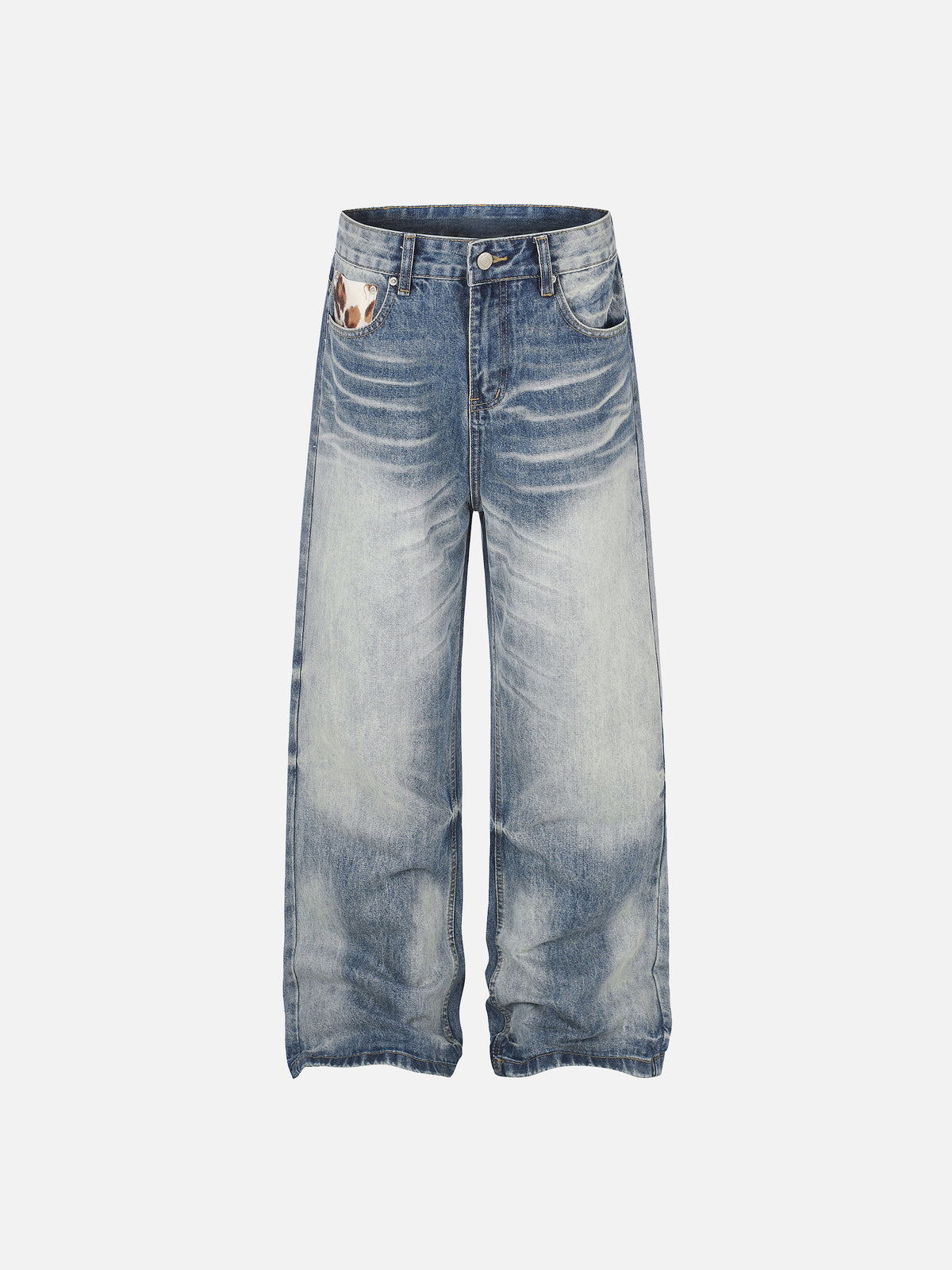 Cow-Print Patch Whiskered Straight-Leg Jeans