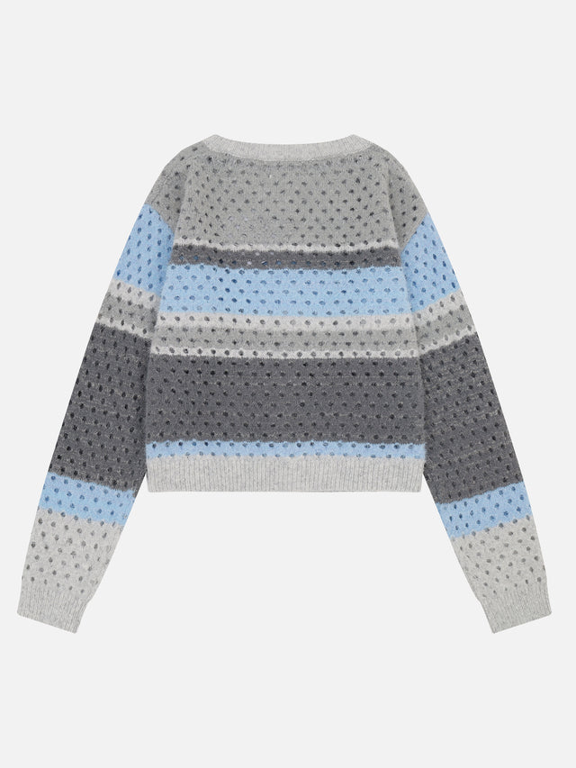 Pointelle Striped Knit Boxy Cardigan With Scarf Set