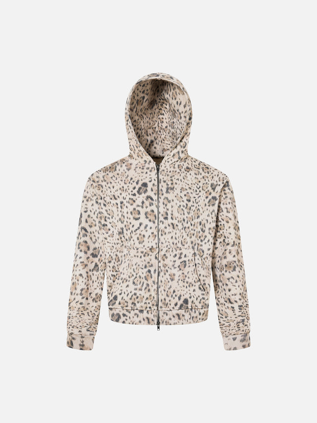 All-Over Leopard Print Boxy Zip Hoodie