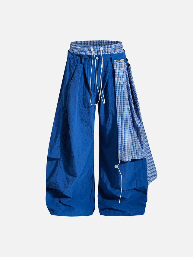 Plaid-Panel Asymmetric Double-Waistband Super Baggy Parachute Pants