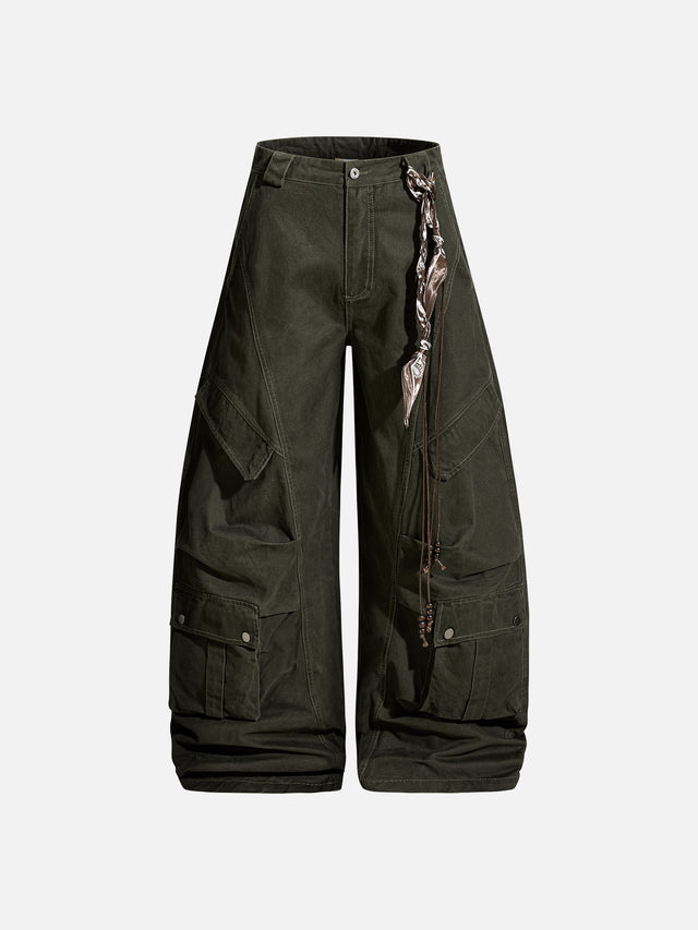 Bandana-Accented Multi-Pocket Stacked Cargo Baggy Pants