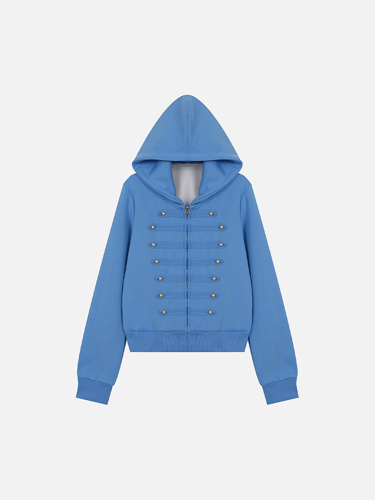 Military Hussar Buttoned Cord-Trim Boxy Zip Hoodie