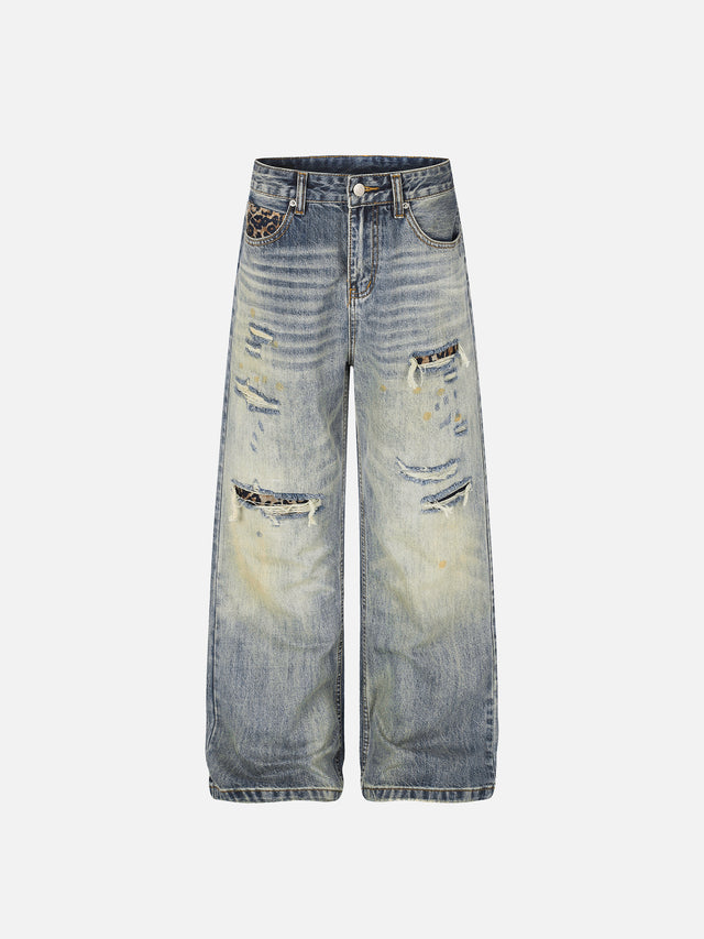 Leopard-Patch Distressed Washed Straight-Leg Jeans