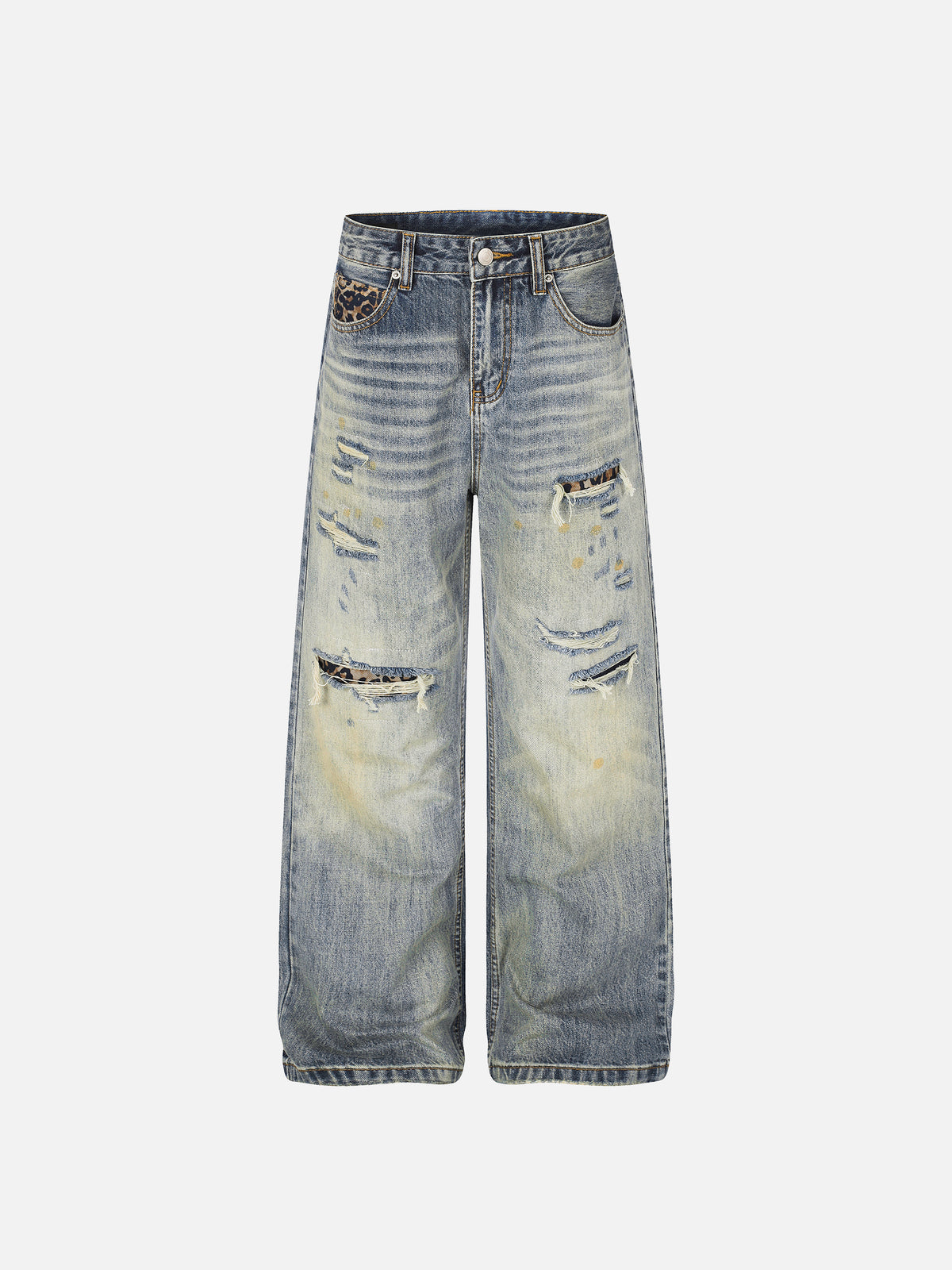 Leopard-Patch Distressed Washed Straight-Leg Jeans