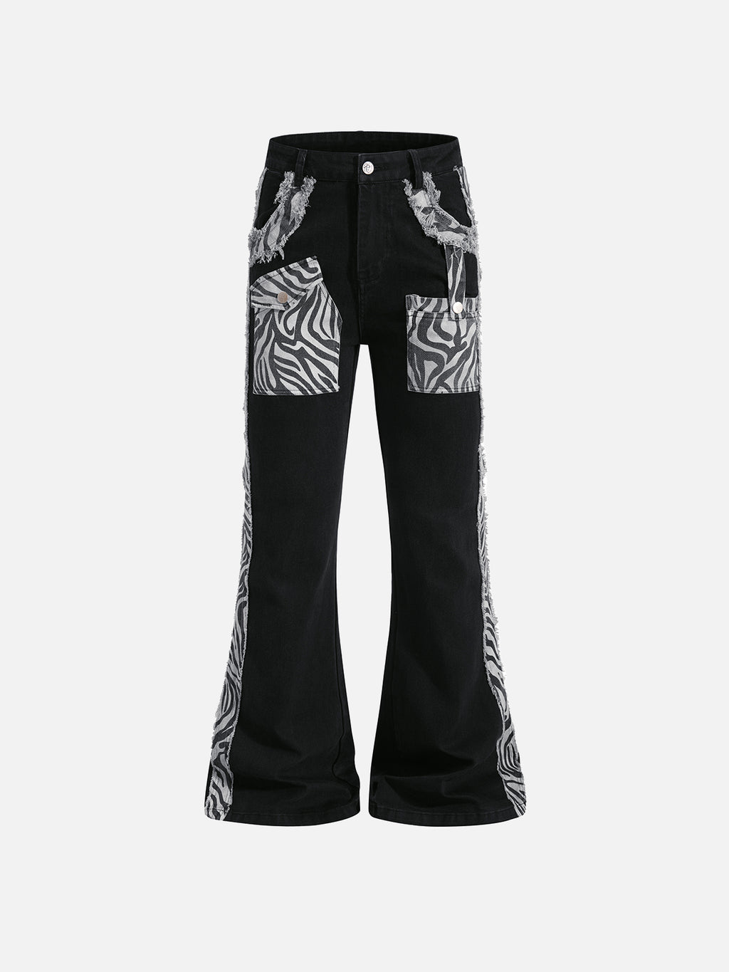 Zebra-Print Raw-Hem Flared Jeans