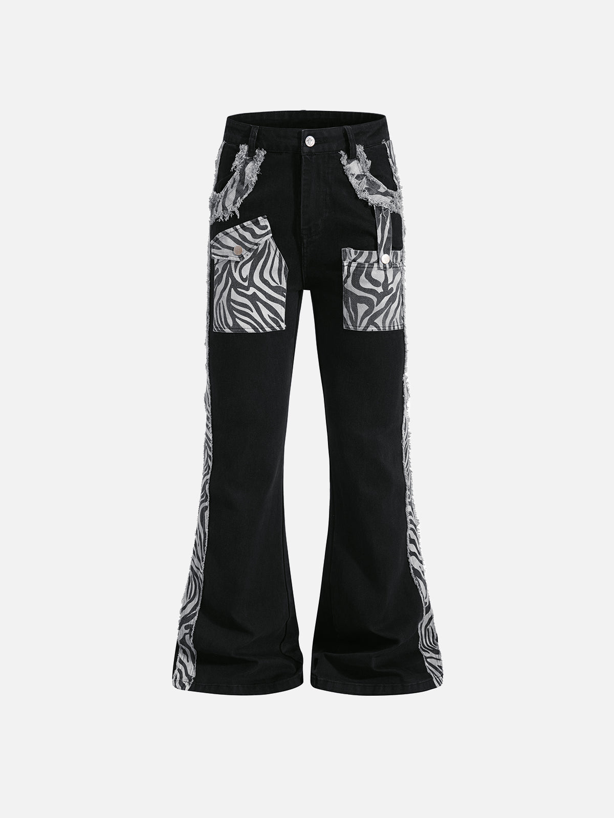 Zebra-Print Raw-Hem Flared Jeans
