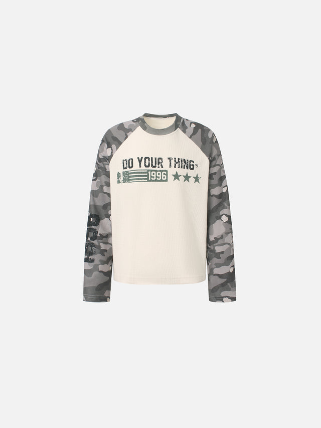 Camo Raglan-Sleeve Graphic Oversized Waffle T-Shirt