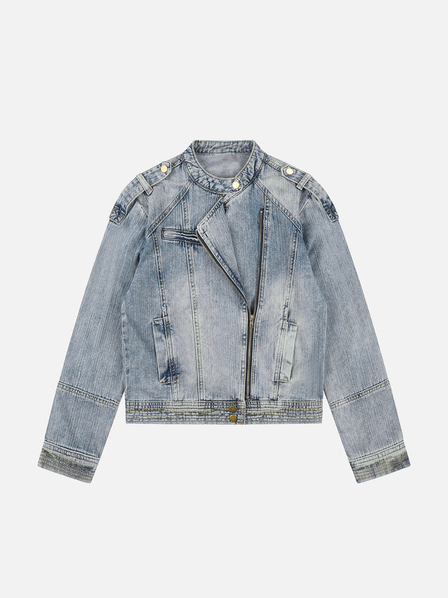 Washed Asymmetric-Zip Moto Boxy Denim Jacket
